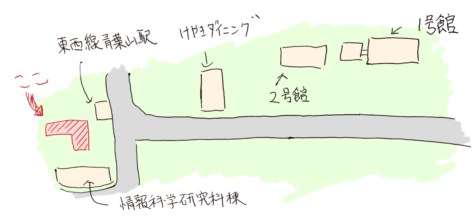 電気情報システム・応物系3号館の場所を記した手書き地図